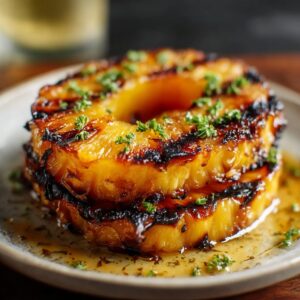 Grilled Pineapple rings stacked on a plate, caramelized with golden grill marks, drizzled in syrup, and garnished with fresh herbs.
