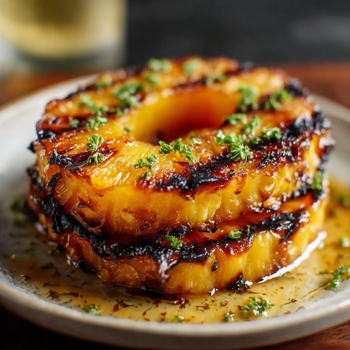 Grilled Pineapple rings stacked on a plate, caramelized with golden grill marks, drizzled in syrup, and garnished with fresh herbs.