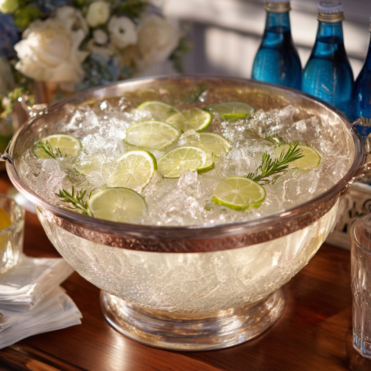 A clear punch in an ornate silver bowl filled with ice and lime slices, surrounded by flowers, napkins, and soda bottles.