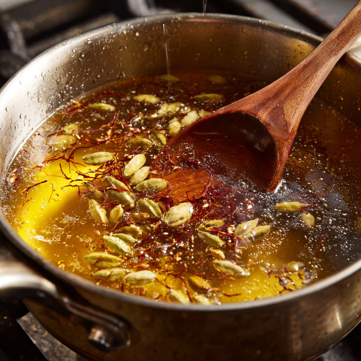 A saucepan filled with golden sugar syrup simmering with green cardamom pods and saffron strands, stirred with a wooden spoon.