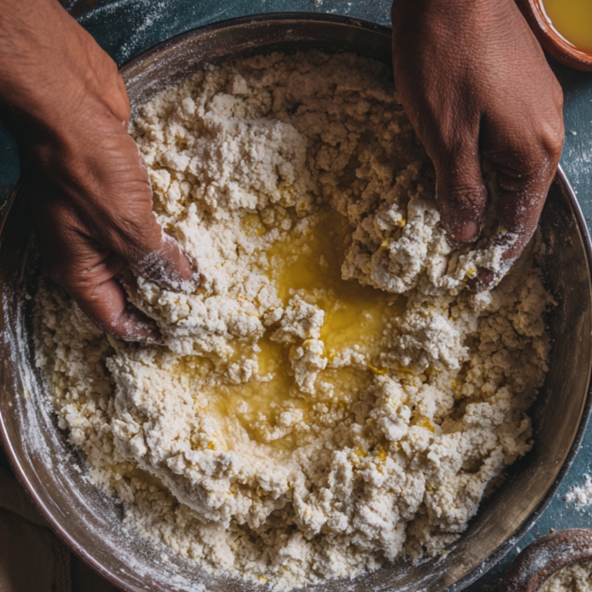 Hands mixing flour, khoya, and melted ghee in a large bowl to form the soft gulab jamun dough.
