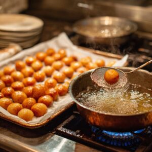 Dozens of gulab jamun balls draining on a tray while one is being lifted out of bubbling hot ghee with a skimmer.
