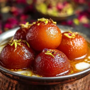 A bowl of glossy gulab jamun soaked in syrup, garnished with slivered pistachios and rose petals.