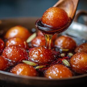 A close-up of gulab jamun being lifted with a wooden spoon from saffron and cardamom–infused sugar syrup, dripping with sweetness.
