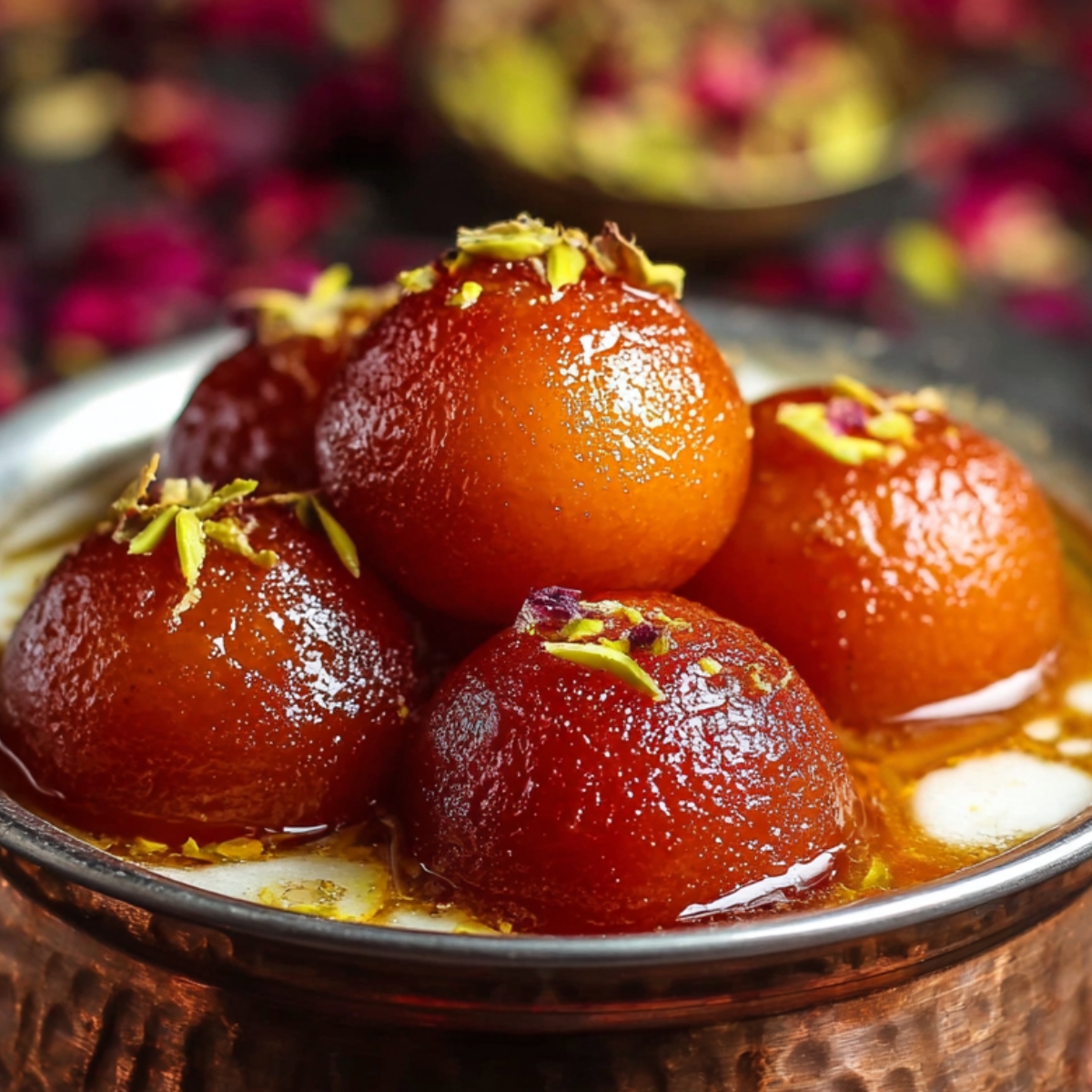 A bowl of glossy gulab jamun soaked in syrup, garnished with slivered pistachios and rose petals.