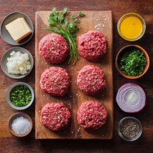 Raw burger patties arranged on a wooden board, surrounded by onion, parsley, green peppers, cheese, and seasoning