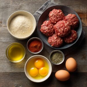 Raw ground beef balls in a bowl with eggs, olive oil, breadcrumbs, and assorted spices on a wooden table.