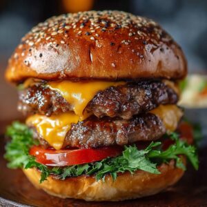 A stacked Hamburger Patty Recipe with two beef patties, melted cheddar cheese, lettuce, tomato, red onion, and a sesame seed bun.