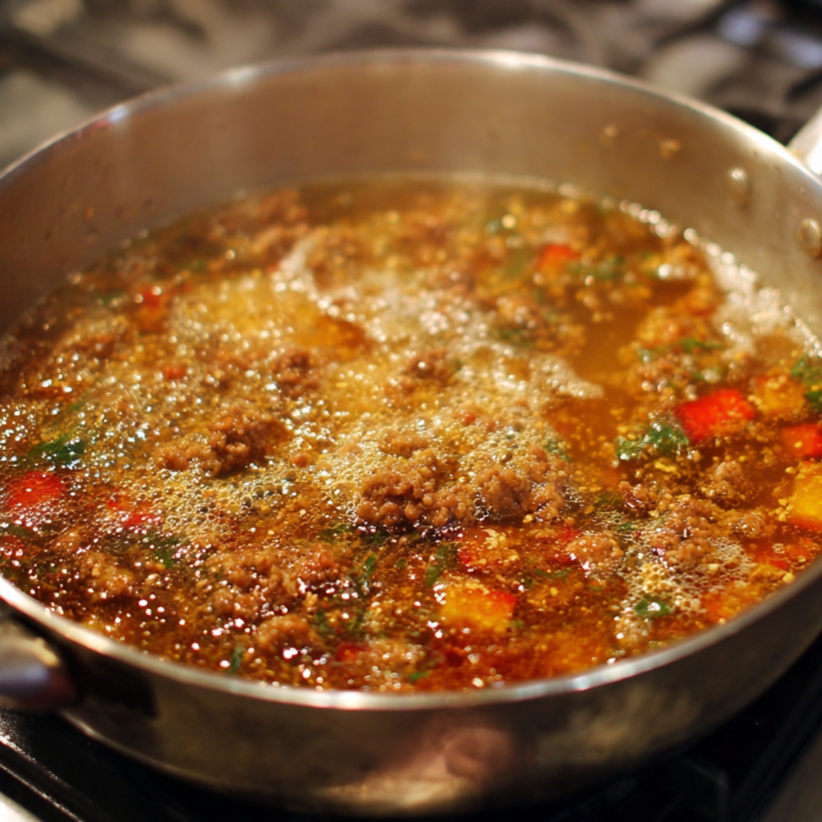 A shallow stainless steel pan with a bubbling pepper mixture of minced meat, red peppers, and herbs simmering on a gas stove.
