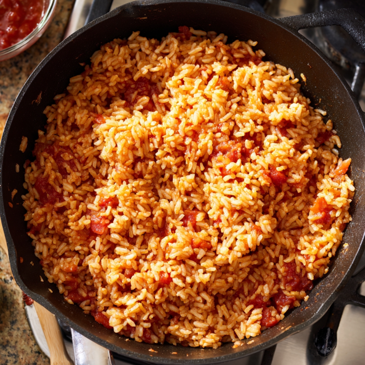 A cast iron pan filled with vibrant orange-red Jollof rice sitting on a stovetop, with a jar of sauce and wooden spoon nearby.