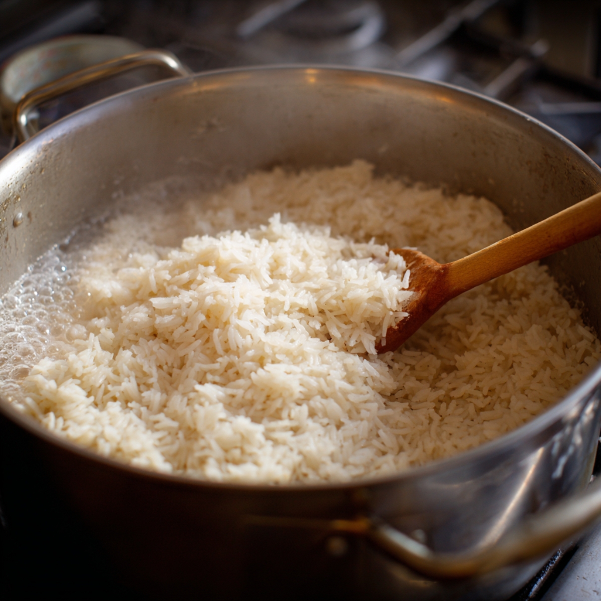 A large silver pot on a stovetop with parboiled white rice being stirred with a wooden spoon as it gently boils.