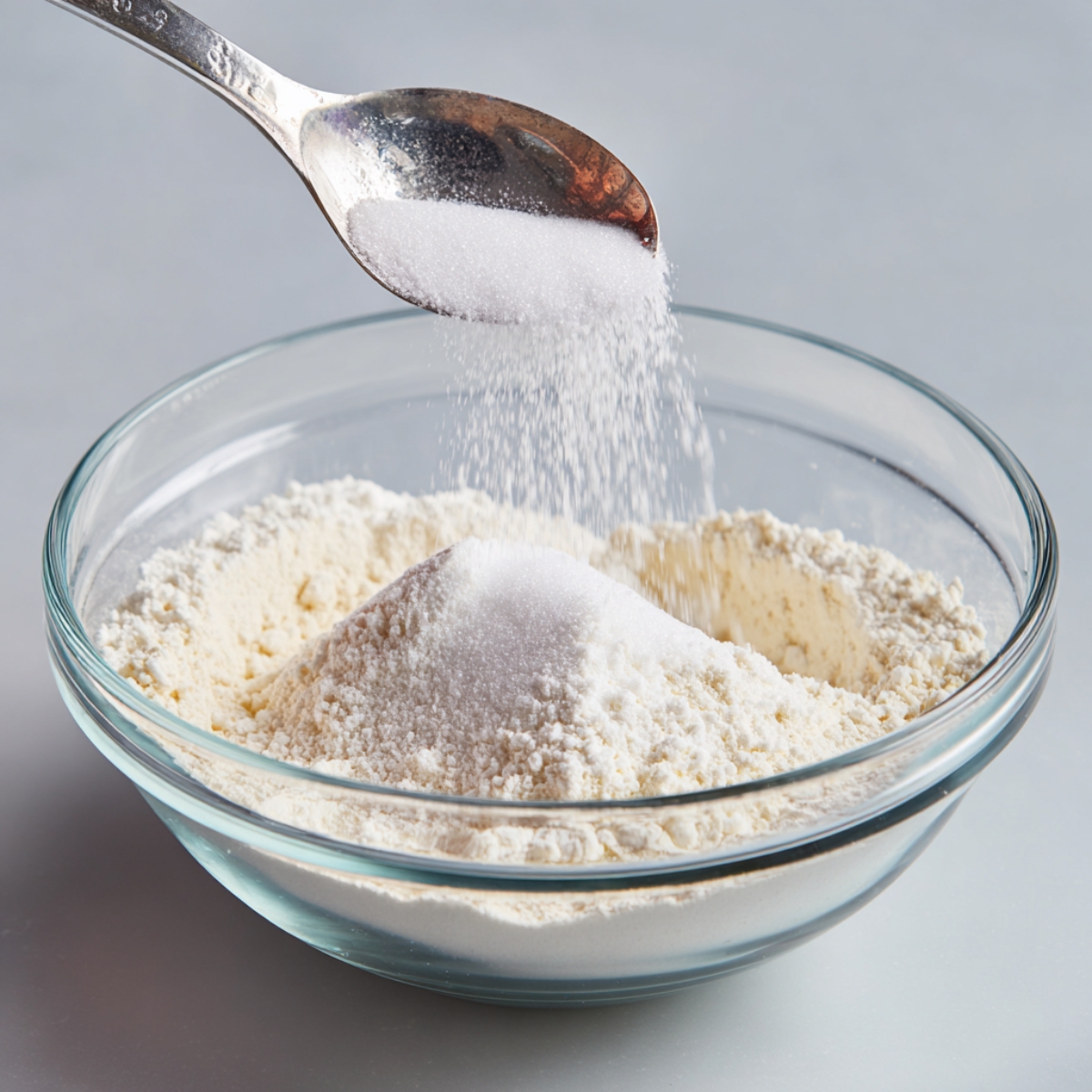 A spoon sprinkling white sugar into a glass bowl containing a mound of flour, sitting on a white countertop.