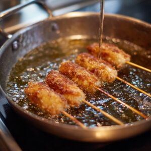 Several skewered corn dogs being deep-fried in hot bubbling oil in a pan, with oil being poured over them from a spoon or ladle.