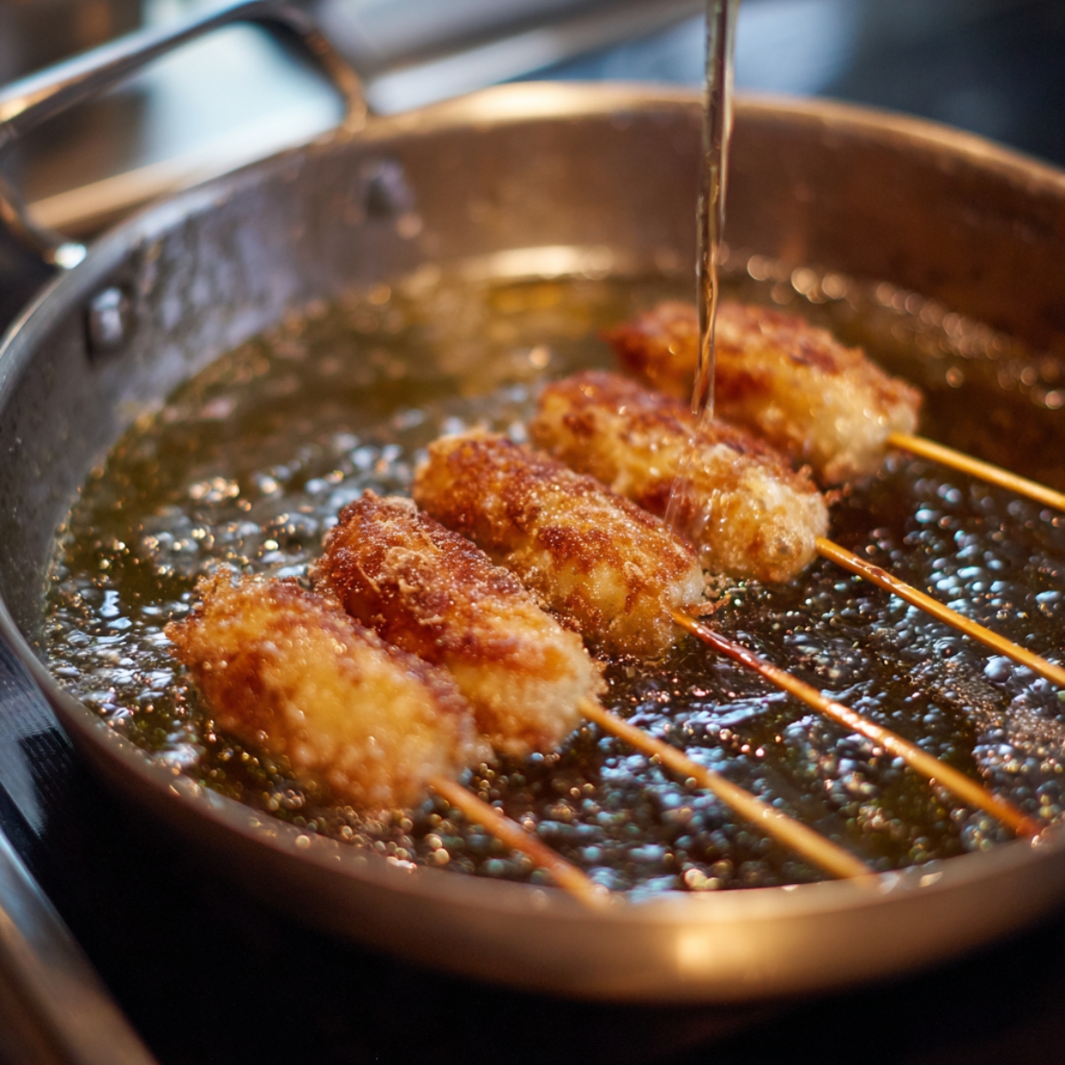 Several skewered corn dogs being deep-fried in hot bubbling oil in a pan, with oil being poured over them from a spoon or ladle.