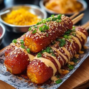 Close-up of three skewered Korean corn dogs coated in a crispy golden batter, drizzled with creamy sauce, sprinkled with sesame seeds, and garnished with chopped green onions, placed on printed parchment paper with blurred bowls of toppings in the background.