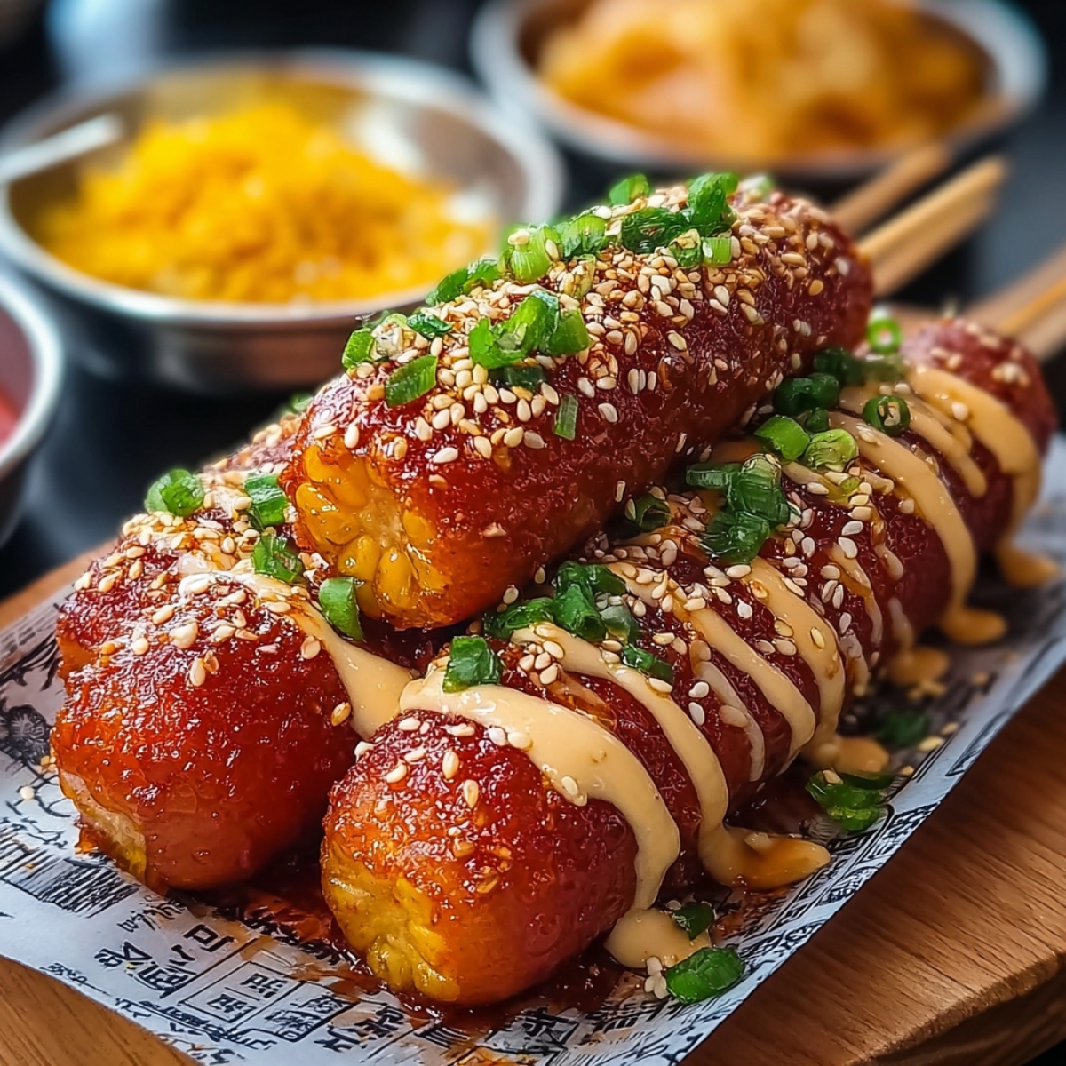 Close-up of three skewered Korean corn dogs coated in a crispy golden batter, drizzled with creamy sauce, sprinkled with sesame seeds, and garnished with chopped green onions, placed on printed parchment paper with blurred bowls of toppings in the background.