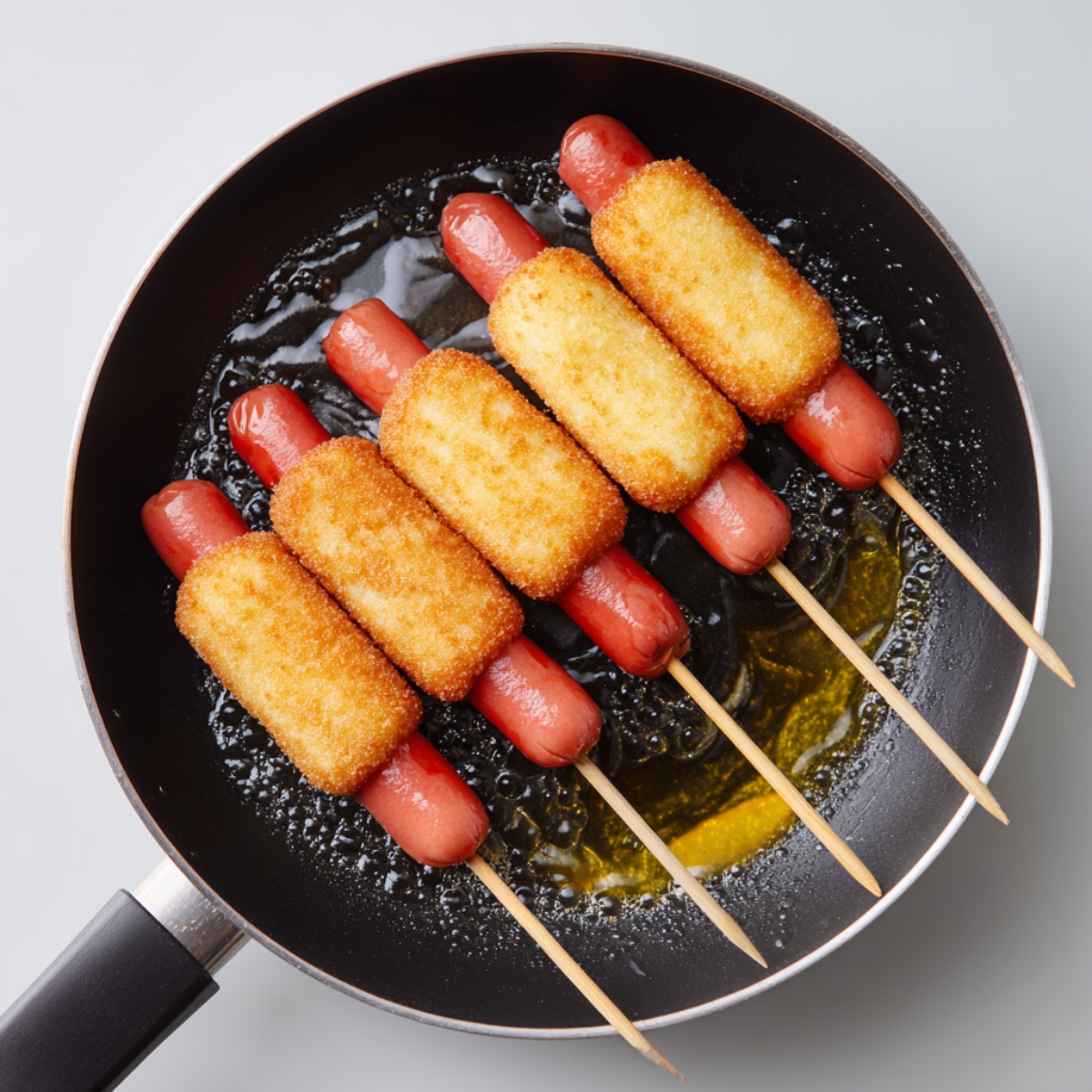 Skewered hot dogs coated in a golden breaded batter frying in a pan of hot oil, with the hot dog ends exposed.