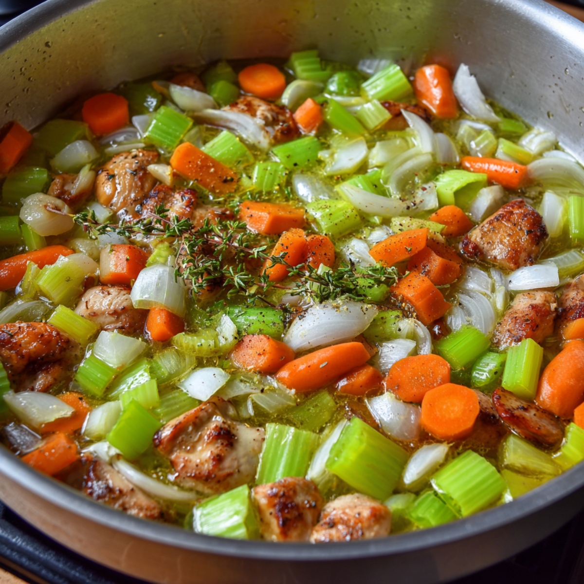 A sauté pan of diced onions, celery, and carrots cooking with browned chicken pieces and fresh thyme sprigs in olive oil.