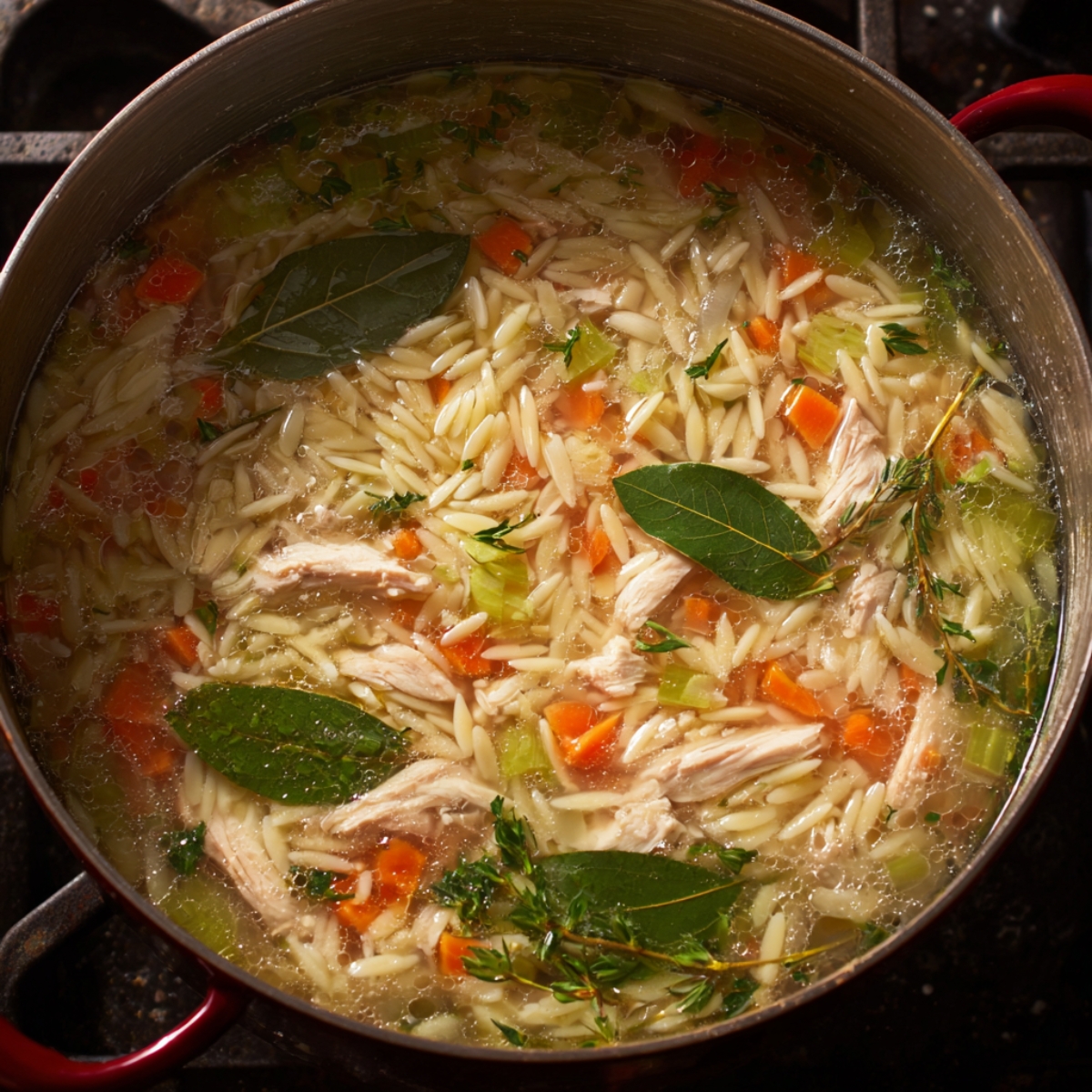 A pot of chicken orzo soup simmering with bay leaves, diced carrots, celery, shredded chicken, and orzo pasta in a clear broth.