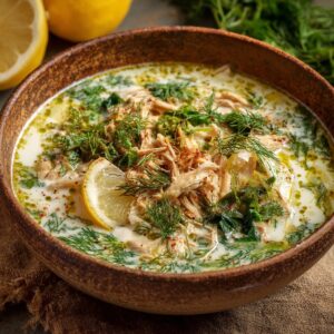A rustic brown bowl of creamy lemon chicken orzo soup topped with shredded chicken, fresh dill, lemon slices, and a drizzle of olive oil, with lemons and herbs in the background.