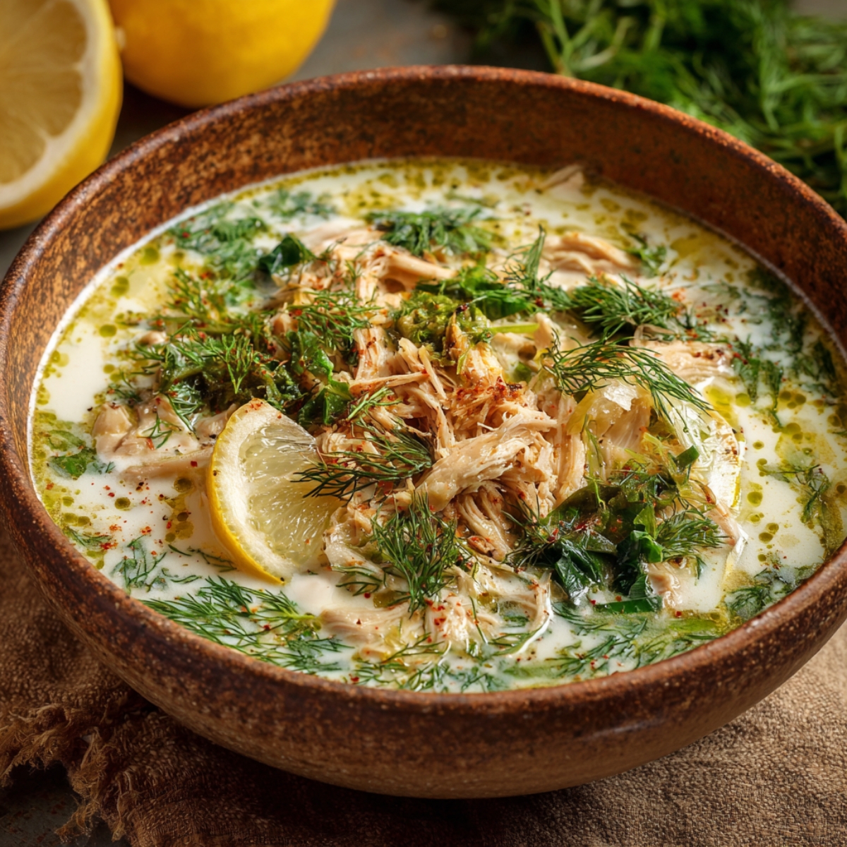 A rustic brown bowl of creamy lemon chicken orzo soup topped with shredded chicken, fresh dill, lemon slices, and a drizzle of olive oil, with lemons and herbs in the background.