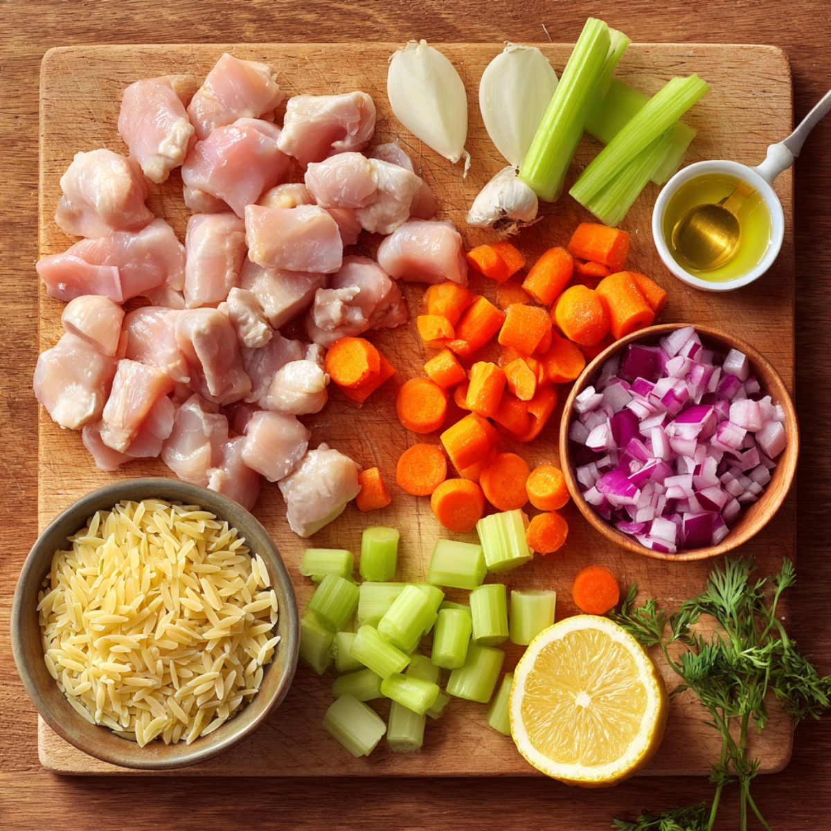 A wooden cutting board with prepped ingredients including diced raw chicken, chopped carrots, diced red onion, celery sticks, garlic cloves, half a lemon, a bowl of orzo, olive oil, and fresh dill.