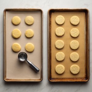 Two baking sheets side by side: one with raw cookie dough portions scooped and spaced apart, the other with freshly baked cookies, golden and slightly cracked.