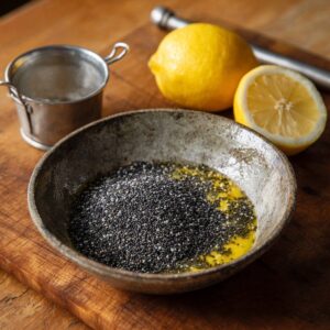 A rustic bowl with poppy seeds soaking in warm liquid, surrounded by fresh lemons and a small strainer on a wooden surface.