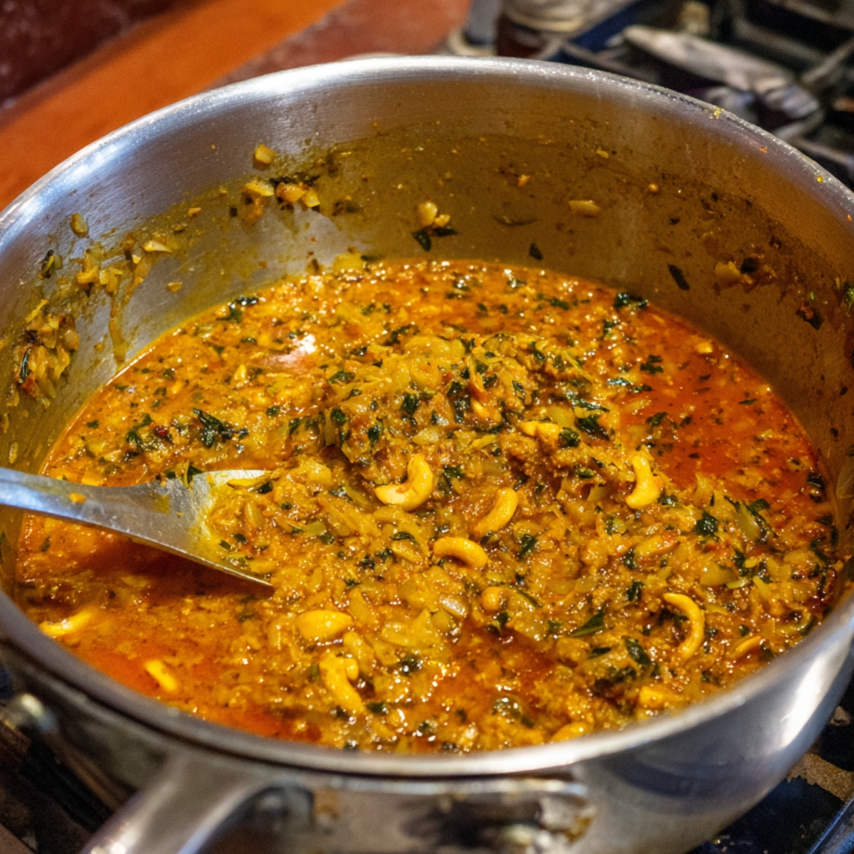 A pot of onion-tomato masala with whole spices and cashews simmering in oil.