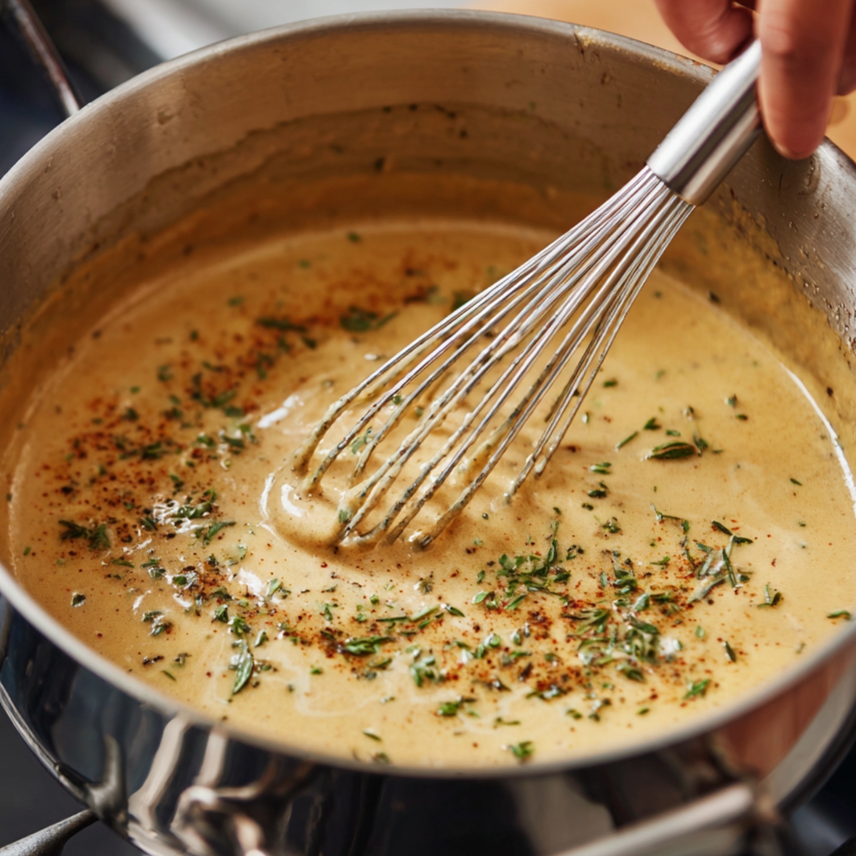 A saucepan of creamy golden gravy being whisked, flecked with herbs and spices.