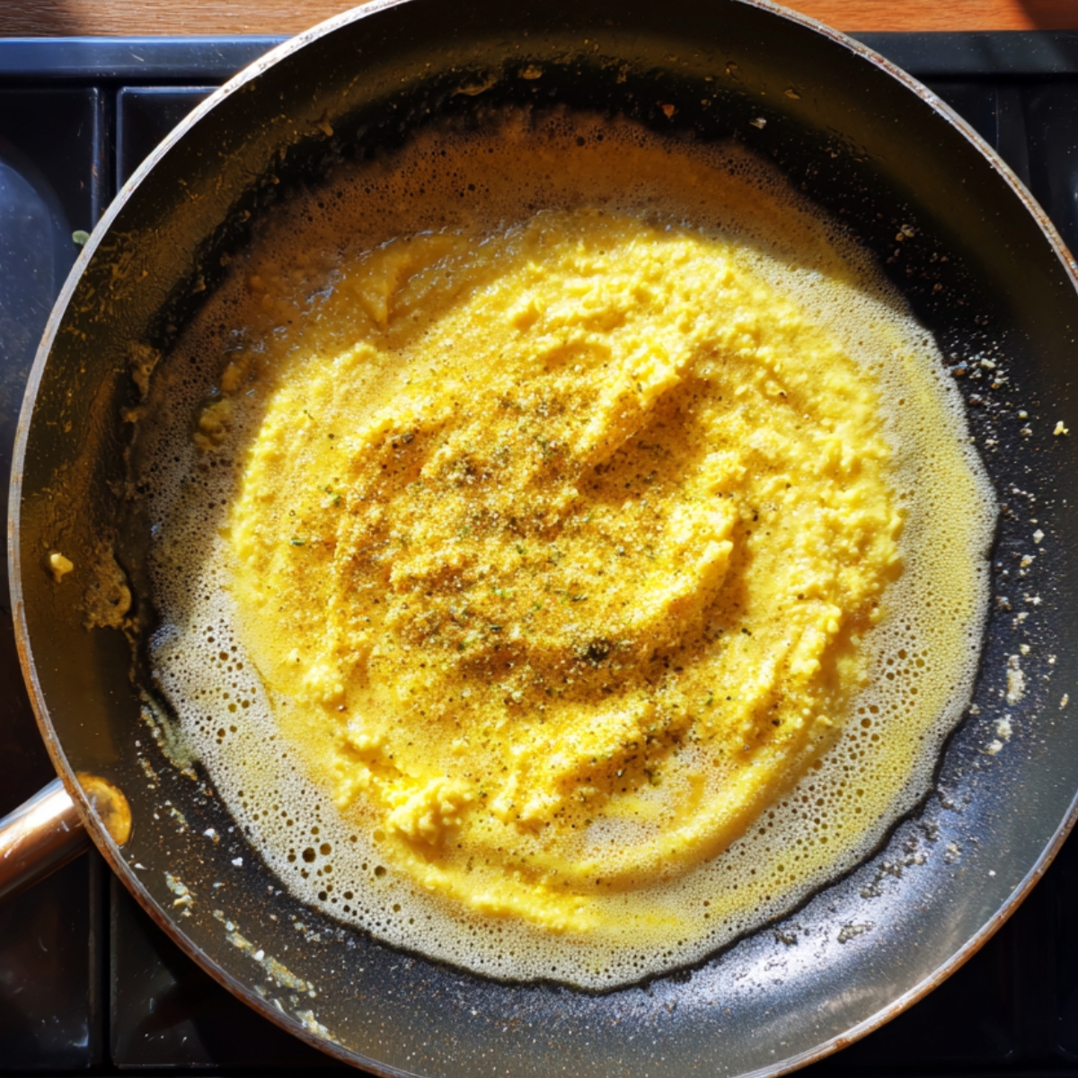 A pan with mashed paneer and potatoes being cooked, seasoned with pepper.