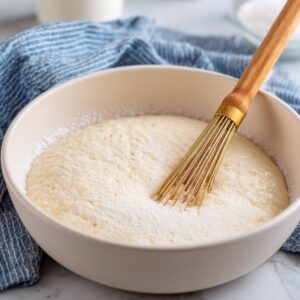 A bowl of foamy yeast mixture with a whisk resting inside, placed on a countertop with a kitchen towel and ingredients in the background.