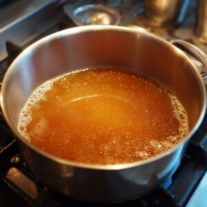 Spiced wine warming on the stove; small bubbles around the edges, no rolling boil.