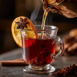 Steaming mulled wine poured into a glass mug, garnished with an orange slice and star anise.