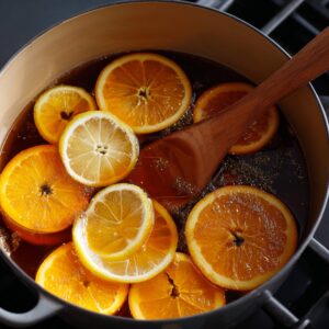 Slices of orange and lemon floating in sweetened wine with a wooden spoon