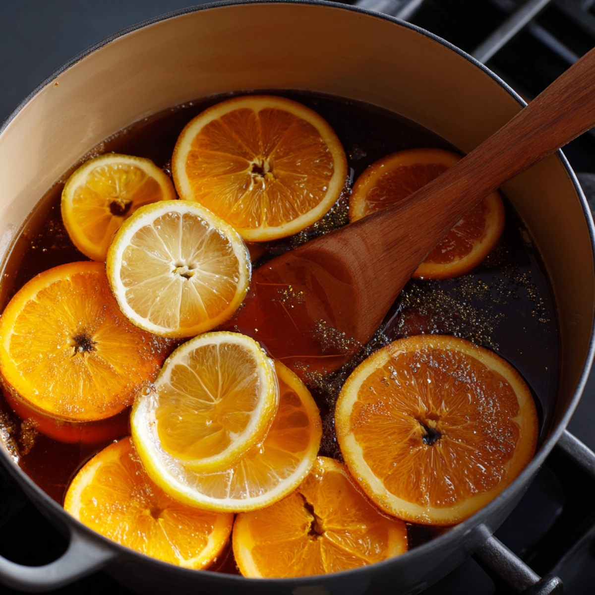 Slices of orange and lemon floating in sweetened wine with a wooden spoon