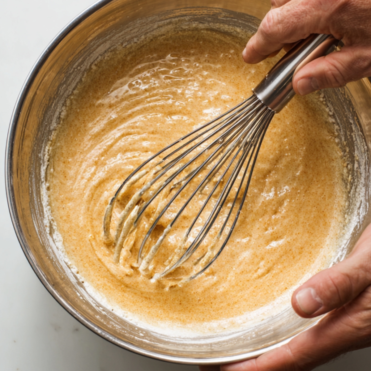 A person whisking a thick batter in a stainless steel mixing bowl, the mixture speckled with seasoning.