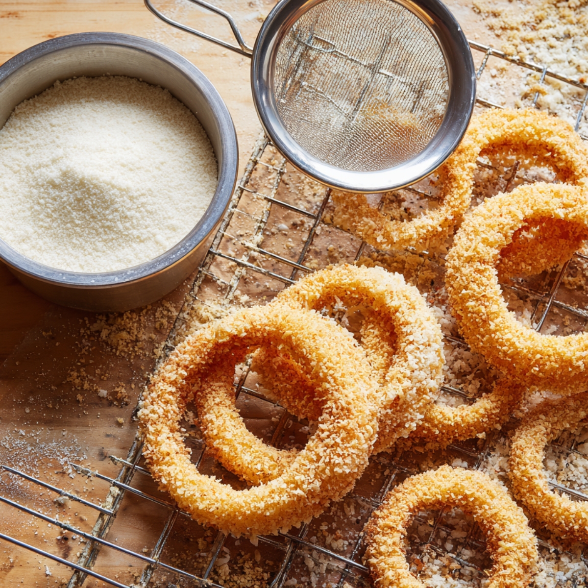 A cooling rack with several onion rings coated in breadcrumbs, next to a metal bowl filled with grated Parmesan cheese and a fine-mesh sifter, all on a wooden surface scattered with crumbs.