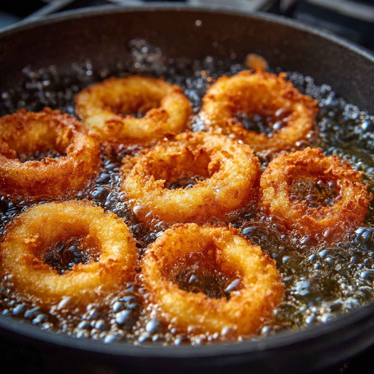 Onion rings frying in hot oil in a skillet, with golden, crispy edges bubbling in the oil.