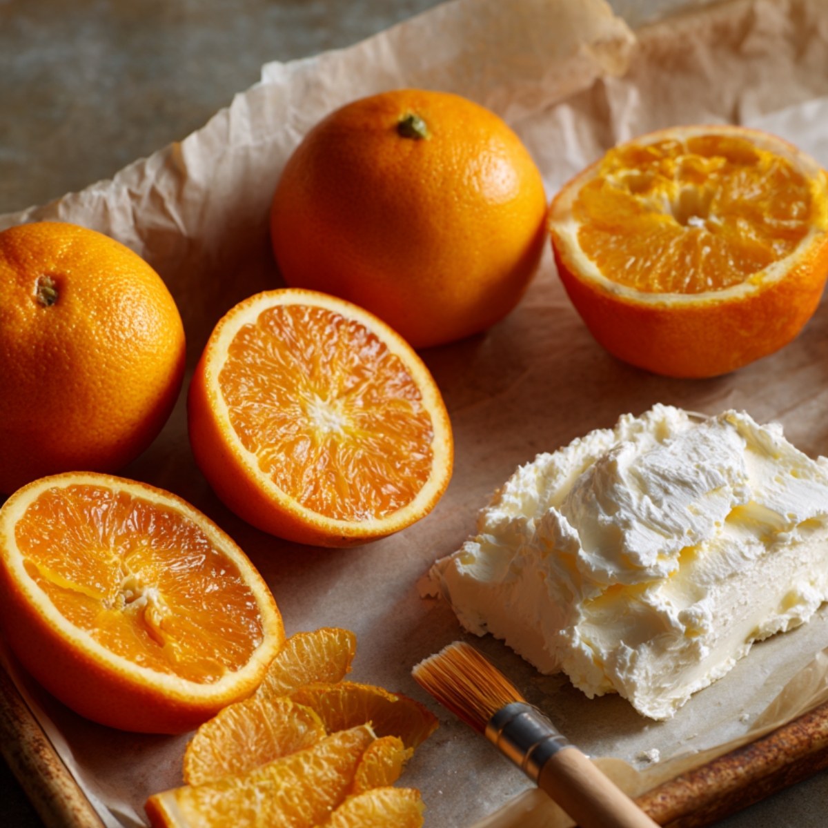 Fresh oranges, orange zest, and a block of cream cheese on a parchment-lined tray with a small pastry brush.