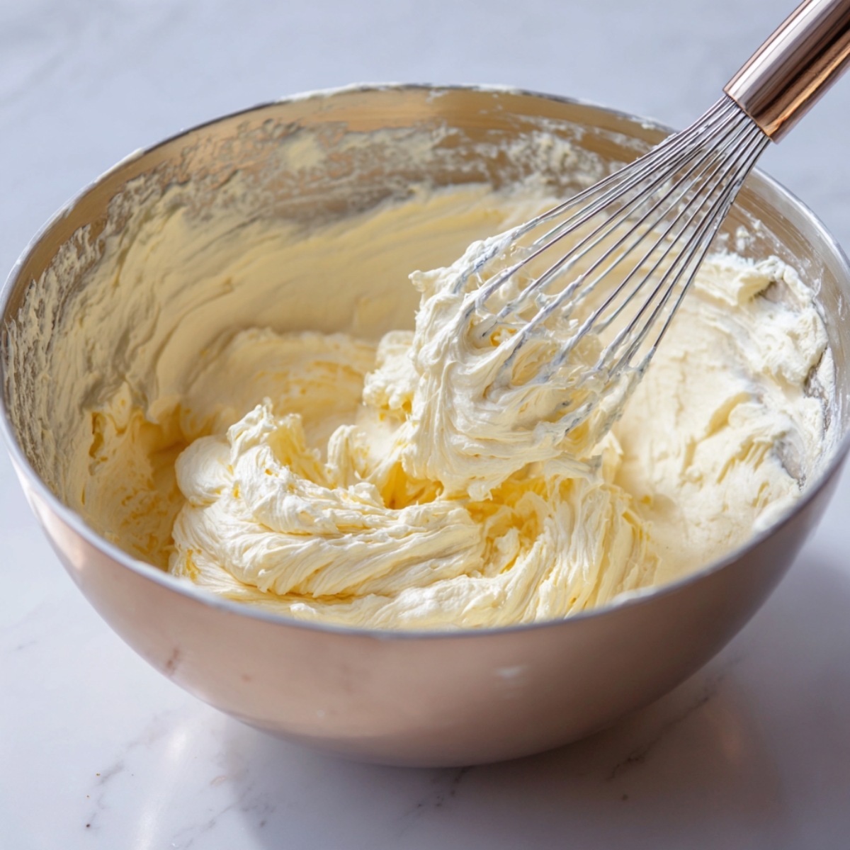 A large mixing bowl with fluffy whipped cream cheese mixture and a whisk.