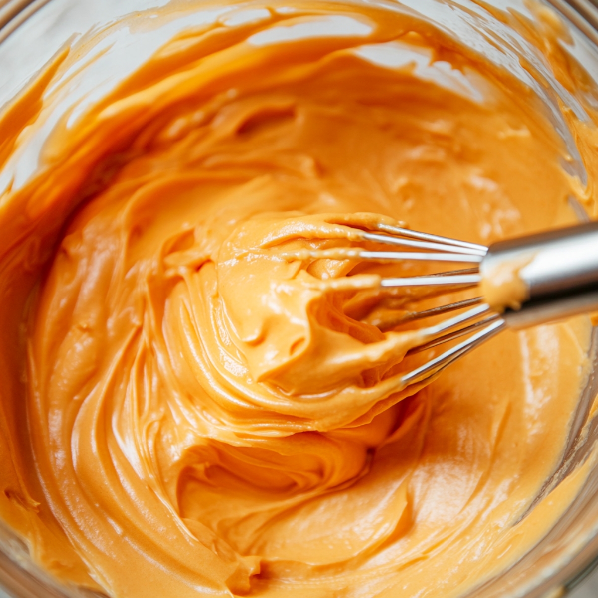 A glass mixing bowl filled with thick, smooth, orange-tinted cream mixture with a metal whisk.