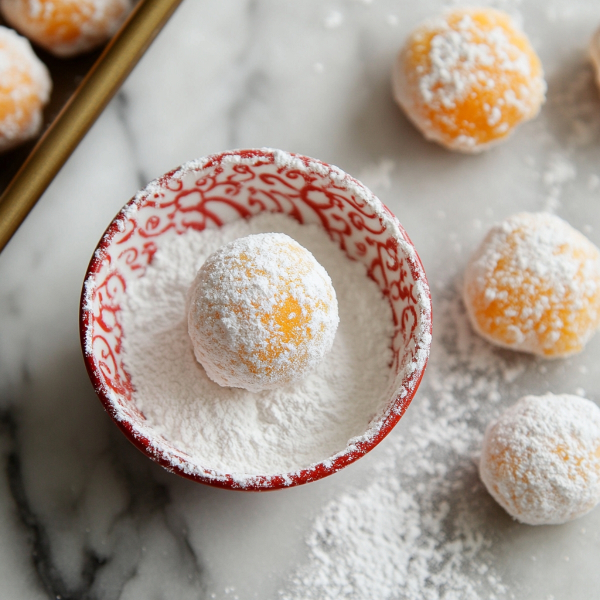 An orange truffle being rolled in powdered sugar inside a small red patterned bowl, with more sugared truffles in the background.