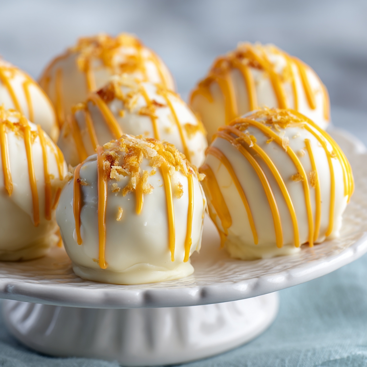 A plate of round white chocolate–covered truffles drizzled with orange icing and topped with bits of orange zest.