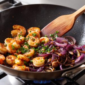 Wok filled with sautéed shrimp and caramelized red onions, garnished with green onions, being stirred with a wooden spatula over a gas flame.