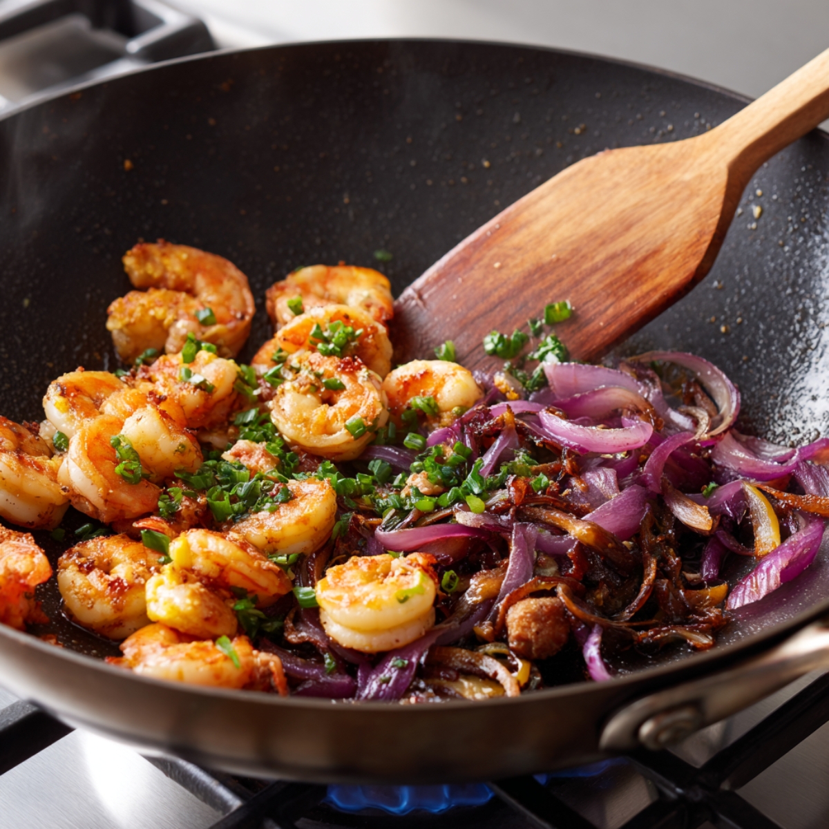 Wok filled with sautéed shrimp and caramelized red onions, garnished with green onions, being stirred with a wooden spatula over a gas flame.