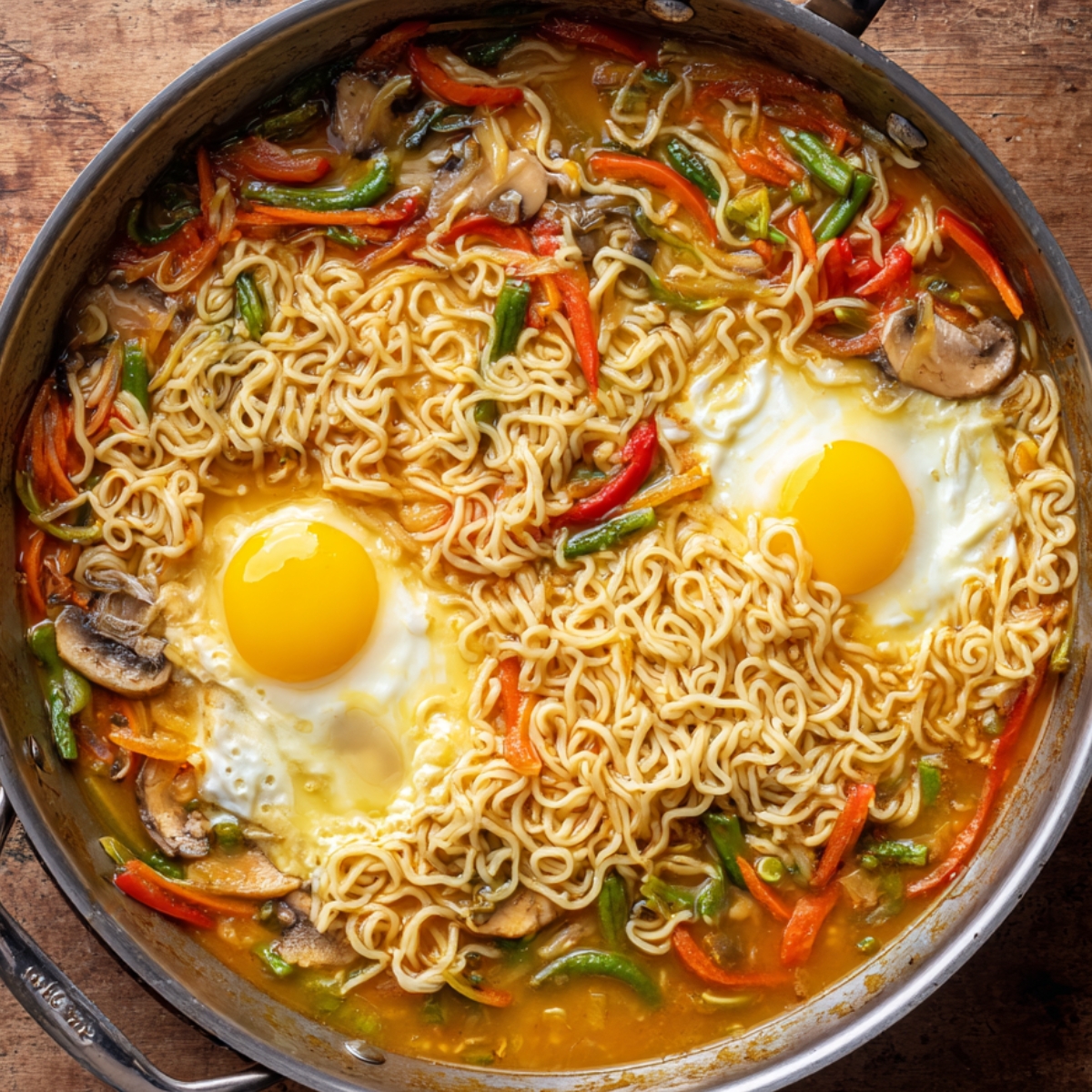 A skillet of cooked ramen noodles with bell peppers, mushrooms, and sunny-side-up eggs in a rich broth, ready to be served.