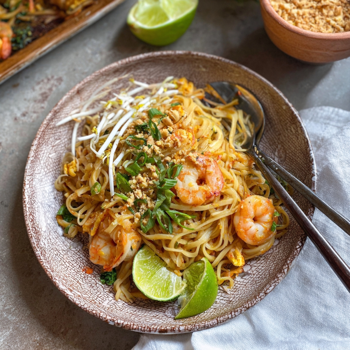Bowl of Pad Thai noodles topped with crushed peanuts, fresh cilantro, bean sprouts, and lime wedges, served in a decorative green bowl with chopsticks on the side.