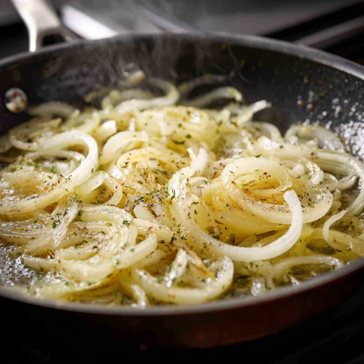 Delicious Parmesan Onion Squares Recipe 12 Onion slices cooking in a skillet with butter and seasonings, slowly softening and beginning to caramelize.