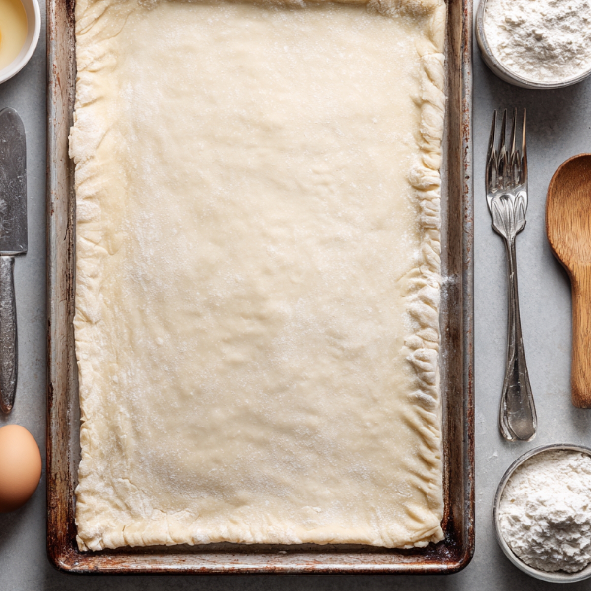Delicious Parmesan Onion Squares Recipe 13 Sheet of prepared pastry dough on a baking tray, surrounded by baking tools, eggs, and flour, ready for filling or shaping.